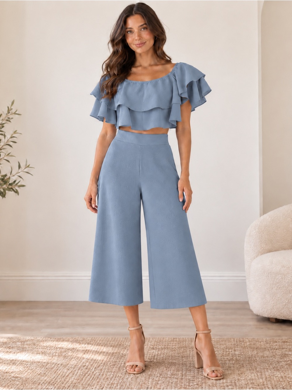 Boohoo blue boho ruffle cropped top blouse and wide leg pants trousers size 2